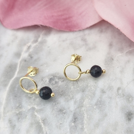 KOLCZYKI SREBRNE ZŁOCONE KAMIEŃ NATURALNY TURMALIN CZARNY SREBRO 925